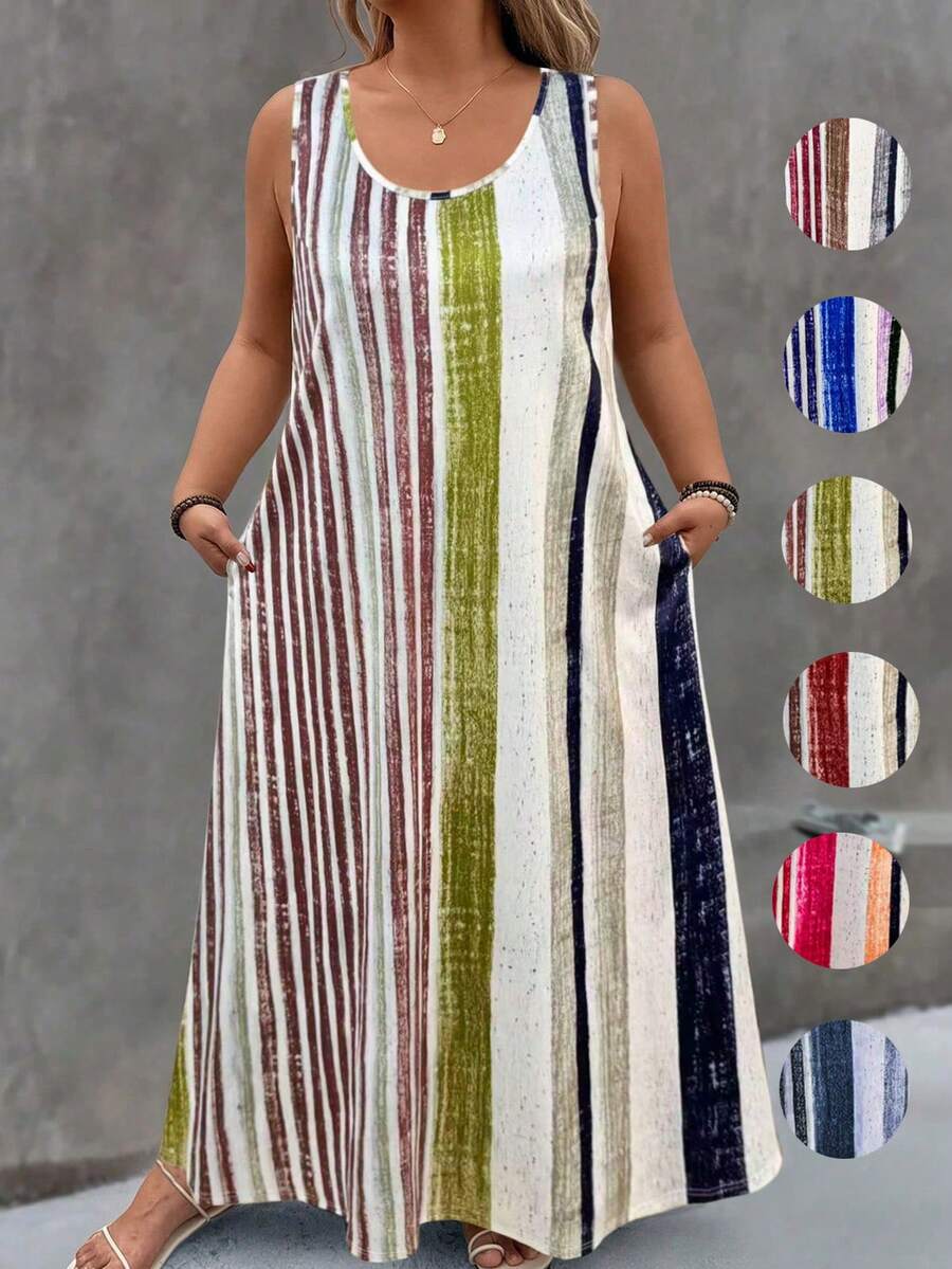 EMERY ROSE Váy hai dây kẻ sọc dáng rộng dành cho nữ cỡ lớn, thích hợp cho kỳ nghỉ. - Nhiều màu - Xem 1