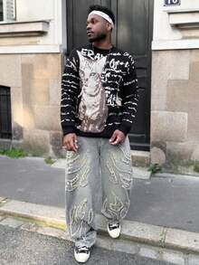 Heavens Edit 男士休闲街头风格刺绣破洞牛仔裤，蓝色 - 中等水洗藍 - 查看 1