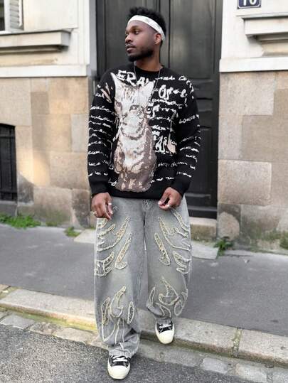 Heavens Edit 男士休闲街头风格刺绣破洞牛仔裤，蓝色