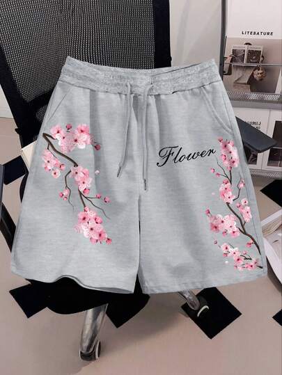 Manfinity Joysei Men's Summer Casual Grey Gray Pink Cherry Blossom Sakura Floral Flower Branch Botanical Watercolor Art Cursive Script Letter Graphic Print Shorts Vintage Boho Japanese Style Elegant Romantic Beach Resort Vacation Holiday Going Out Drawstring Elastic Waist Oversized Loose Fit Breathable Soft Comfortable Bottoms,Men's Letter & Floral Print Drawstring Waist Pocket Shorts