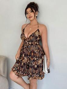 Elenzga Plus Size Women's Elegant V-Neck Halter Sexy Waist A-Line Bohemian Totem Print Dress, Spring/Summer - Multicolor - View 4