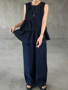 FRIFUL Bộ đồ nữ thường ngày gồm áo cổ tròn, viền bèo nhún và quần jeans ống rộng. - Màu xanh lam - Xem 5