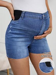SHEIN Celana Pendek Denim Skinny Sobek Warna Biru Muda Kasual Musim Panas untuk Ibu Hamil, Celana Pendek Jeans dengan Penopang Perut Elastis dan Ujung Berumbai, Gaya Chic Y2k - Biru - View 9