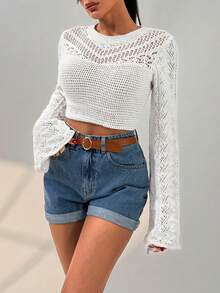 RueChic Women Solid Color Hollow Out Detailed Round Neck Pullover - White - View 5