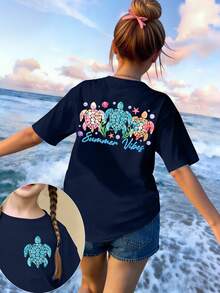 Áo thun ngắn màu đen in hình rùa biển, vỏ sò, sao biển nhiều màu sắc mùa xuân hè, thoải mái để mặc hàng ngày cho bé gái. - màu đen - Xem 3