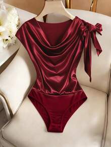 Franclia Elegant Bodysuit, Stretch Satin Bodysuit With Glossy Finish, Bow Shoulder Bodysuit, Everyday Bodysuit - Burgundy - View 8