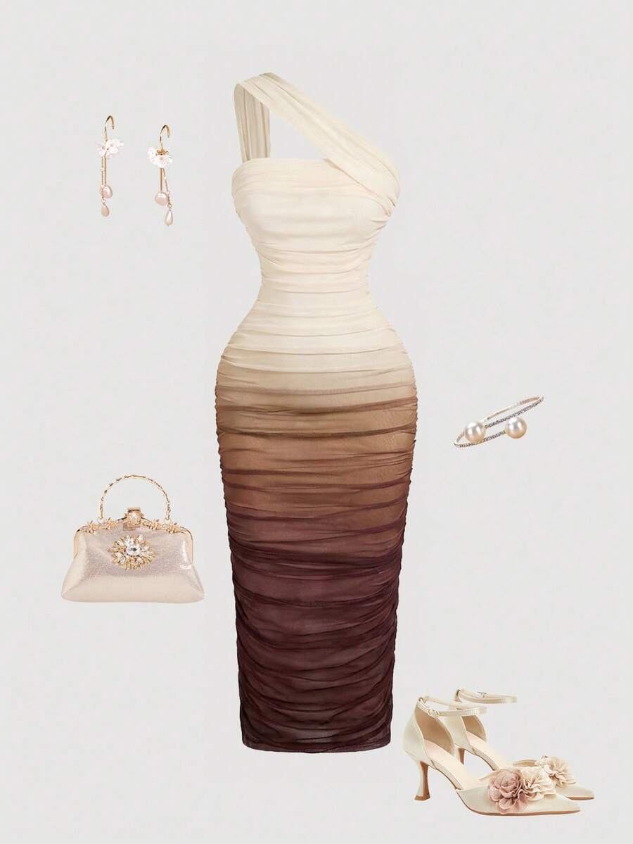 SHEIN MOD Ombre Ruched Bodycon Mid-Length One Shoulder Mesh Dress, Occasion Outfit For Ladies Elegant Ideas, Summer Dresses Women - Multicolor - View 1