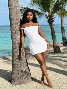 Slaydiva Summer Fashion Basics, Versatile, Casual And Elegant, Suitable For Vacations, Travel, Beaches, Seaside, Pools, Yachts, Sunbathing. A , Sexy, And Elegant Women's Mini Dress In White Jacquard Wavy Stripe Fabric With A Cable Knit Back And Ruched Details-Z - White - View 8