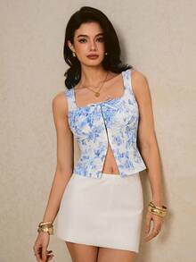 女士印花前扣蝴蝶结装饰无袖上衣 - 藍色 - 查看 2