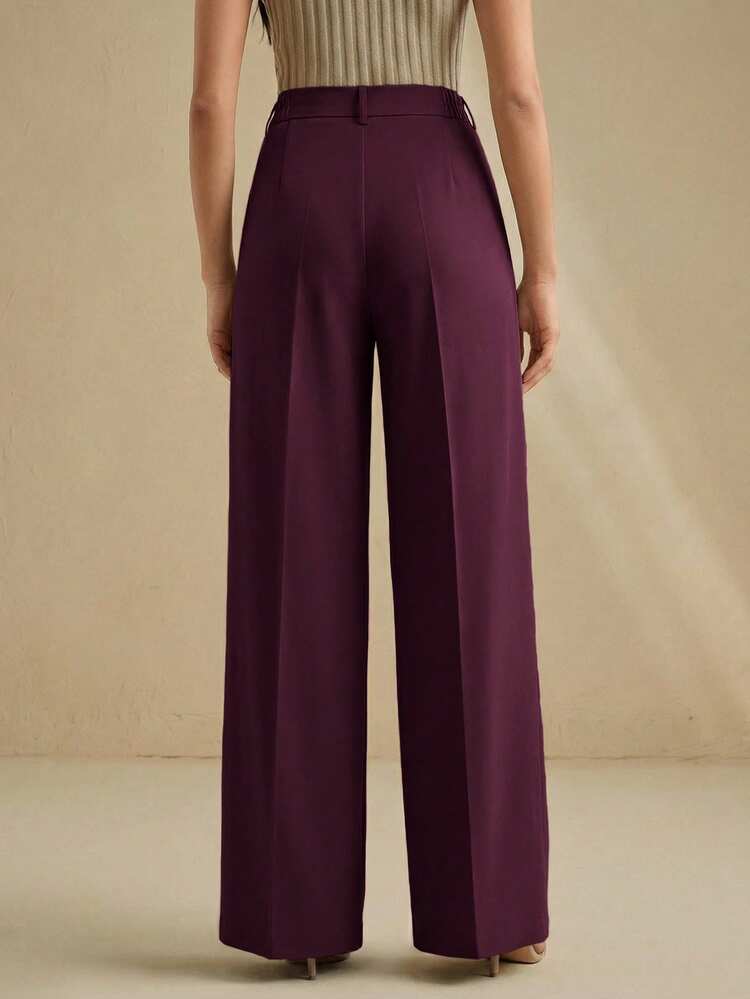 Elegant And Intellectual Purple Wide-Leg Pants With Double-Breasted Fold-Over Design For Women