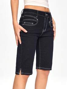 ROMWE Grunge Punk Y2K Vintage Ultra Low Waist Skinny Dark Wash Flare 7/8 Jeans - Blue - View 5