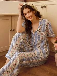 CottageSlumber 泡泡褶皱条纹波点碎花女式短袖长裤开襟领休闲睡衣套装 - 藍色 - 查看 3