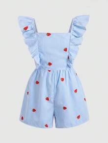 SHEIN Tween Girls' Casual Everyday Comfortable Fitted Striped Ruffle Hem Romper - Blue - View 5