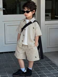 Dazy Kids 2pcs/Set Young Boy Striped Short Sleeve Button-Up Shirt And Shorts Casual Outfit Summer - Apricot - View 5