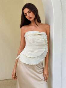 Aloruh 白色女士优雅褶皱贝壳形抹胸上衣，外出上衣，女士外出上衣，女士优雅衬衫，女士白色上衣，女士派对装扮，女士夏季服装，度假服装，女士连衣裙 - 白色 - 查看 8