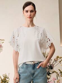 Anewsta 女士白色T恤，袖子设计别致，适合春夏约会穿着 - 白色 - 查看 4