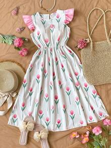 Tween Girl Print Dress, Fashion Design Suitable For Outing, Vacation, Parties And Other Occasions, Spring/Summer - Multicolor - View 3