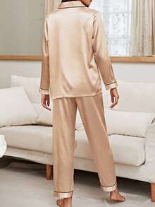 LuxeNights Contrast Piping Satin Pajama Set, Fall Winter Clothes Cozy And Elegant Details - Champagne - View 2
