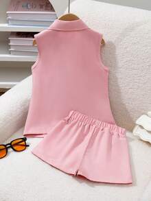 Elladie kids 少女粉色無袖西裝外套配翻領設計與修身短褲 正式休閒兩件套 - 粉色 - 查看 2