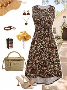 Ellevyn Round Neck Sleeveless Pleated A-Line Dress, Elegant Retro Dress For Daily Wear - Multicolor - View 1