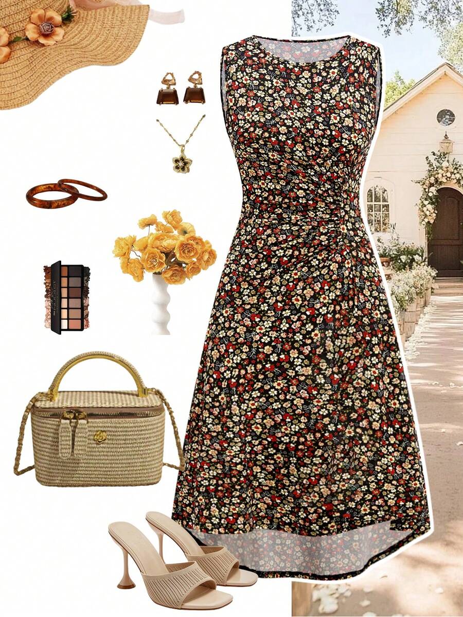 Ellevyn Round Neck Sleeveless Pleated A-Line Dress, Elegant Retro Dress For Daily Wear - Multicolor - View 1