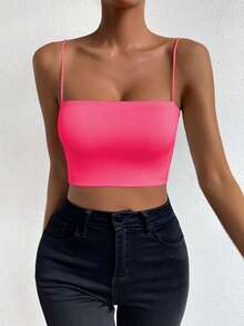 Chiquease Fluorescent Red Color Offthe Shoulder Sleeveless Basic Top, Top,Elevated Elegance Top,Streetwear,Women Birthday Top,Sparkly Top,Concert Top,Club Top,Date Night Top,Basic Top,Going Out Top,Casual Knit Top,Y2K ,Vitamin Colors,Tops For Women Summer Cute,Crop Tops For Women,Cami Tops For Women,Women's Tops For Summer - Pink - View 4