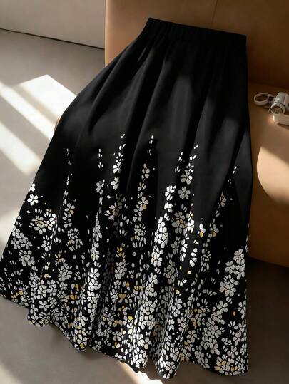 GlowEve CURVE Plus Size Woven Digital Floral Elastic Waist A-Line Skirt, Suitable For Vacation, Elegant, Outdoor, Daily, Minimalist, Casual, Spring/Summer Skirt Midi