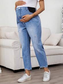 SHEIN Quần jean bầu rách dáng rộng, phong cách thường ngày, thích hợp mặc đi lễ hội mùa hè, đi làm, đi nghỉ mát, tốt nghiệp, thời trang sành điệu, phong cách Y2K, dễ thương, thời trang đường phố, dự tiệc, đám cưới, thanh lịch, công sở, thường ngày. Quần jean bầu màu xanh nhạt bạc màu, chất liệu denim co giãn, có chun co giãn, kiểu dáng thời trang. Quần jean bầu màu xanh nhạt bạc màu, có chi tiết rách và phần bụng nâng đỡ. - Màu xanh lam - Xem 4