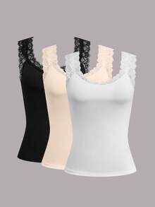 Easura 大码女式简约纯色蕾丝领口和袖口装饰无袖背心 - 彩色 - 查看 3