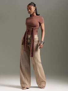 Denimoi Front Drape Tie Detail Top Concert Outfits Fashionable Streetwear It Girl - Brown - View 4