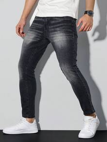 Manfinity LEGND 街头风水洗黑色修身破洞弹力牛仔裤，春夏休闲风 - 黑色 - 查看 4