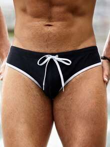 Manfinity Swimmode 男士黑白撞色滚边三角泳裤 - 黑色 - 查看 4
