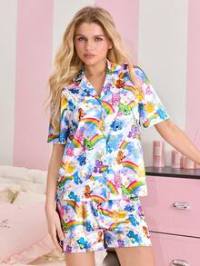 SHEIN X Care Bears Women's Cartoon Print Button-Up Short Sleeve Top And Shorts Casual Loungewear Pajama Set - Blue - View 6