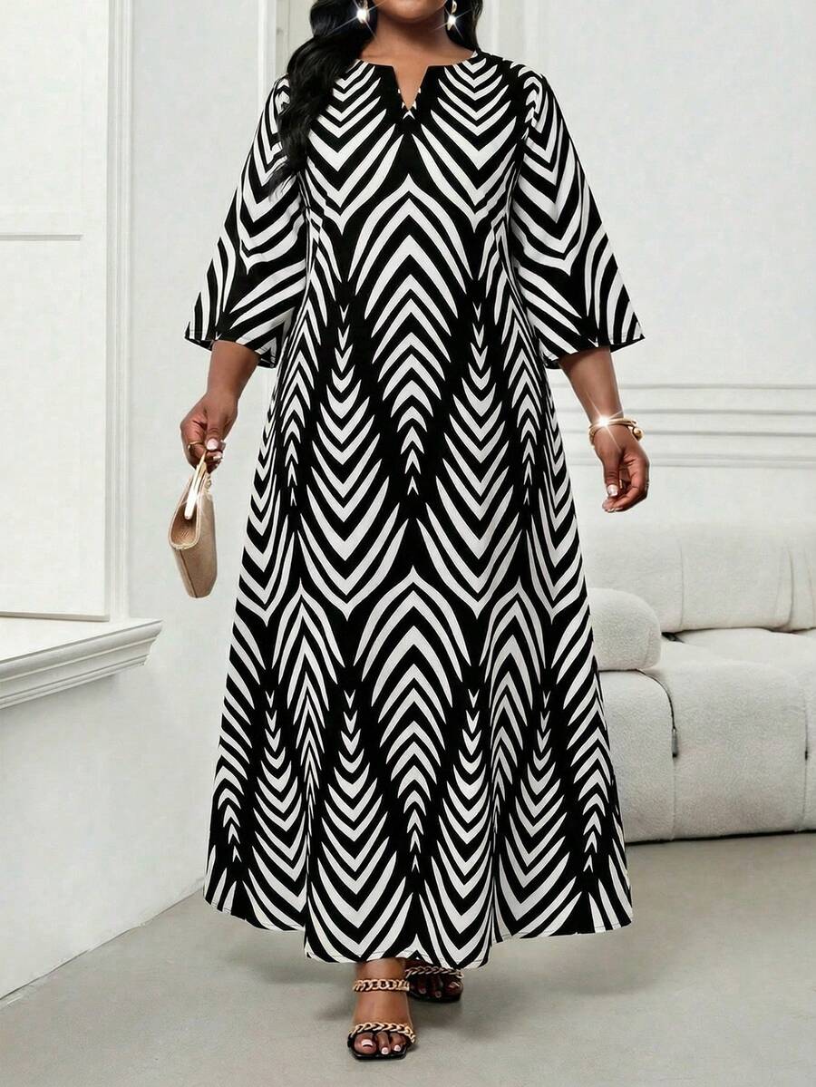 SHEIN Lady Vestido estampado de moda para talla grande para uso diario - Blanco y Negro - Ver 1