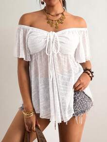 Freevana 大码女式纯色露肩系带时尚T恤 - 白色 - 查看 2