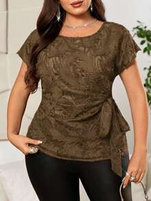 Reflora Plus Size Women Round Neck Batwing Short Sleeve Side Tie Blouse - Brown - View 7