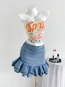 Elamini 女士迷你牛仔层叠裙 - 藍色 - 查看 7