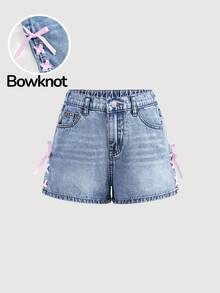 Girlism Tween Girl Blue Pink Denim Shorts,Summer Casual School Back-To-School Y2k Vintage Street Pink Lace-Up Tied Fitted Jeans Shorts With Bowknot Detail - Blue - View 1