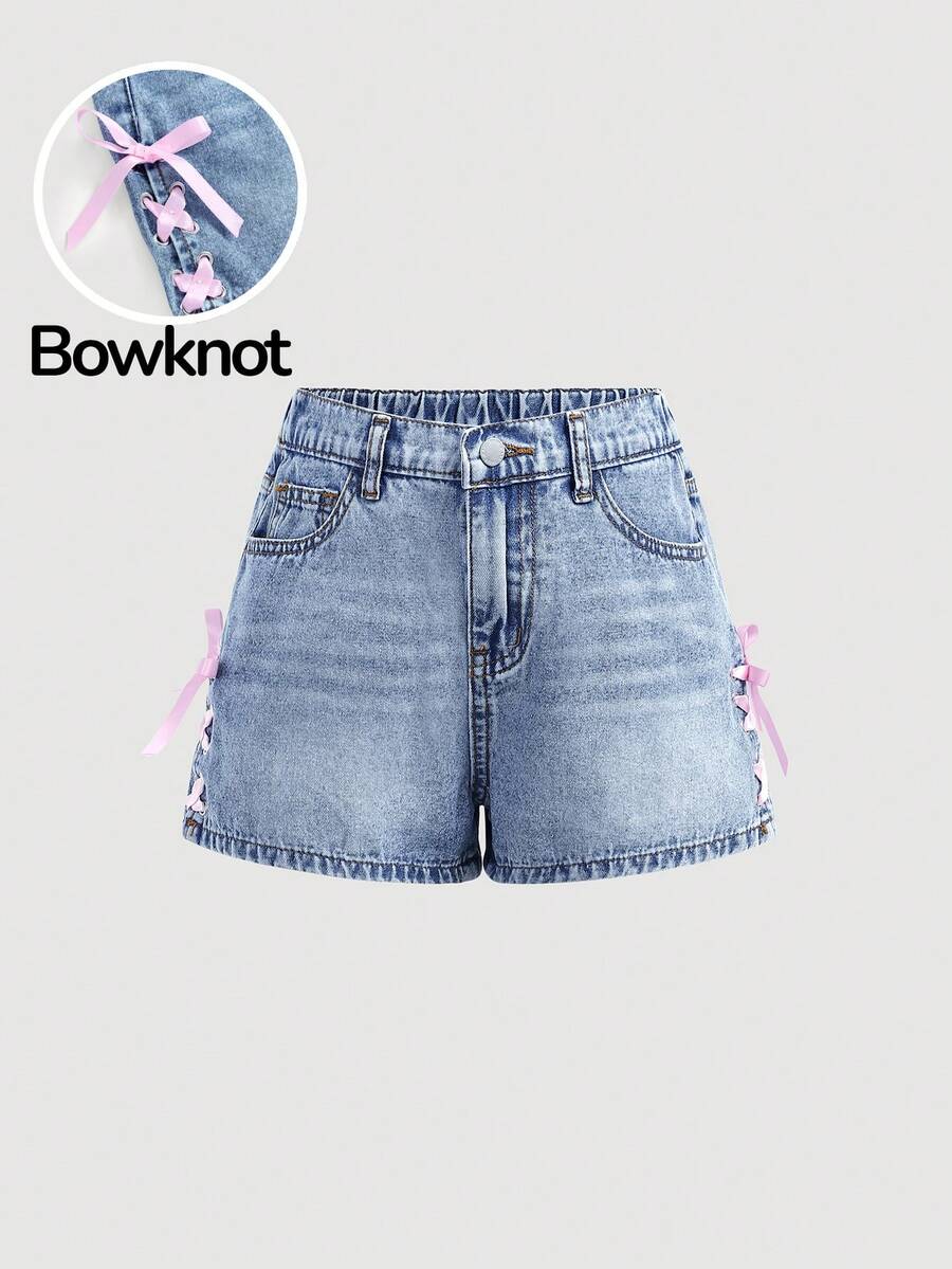 Girlism Tween Girl Blue Pink Denim Shorts,Summer Casual School Back-To-School Y2k Vintage Street Pink Lace-Up Tied Fitted Jeans Shorts With Bowknot Detail - Blue - View 1