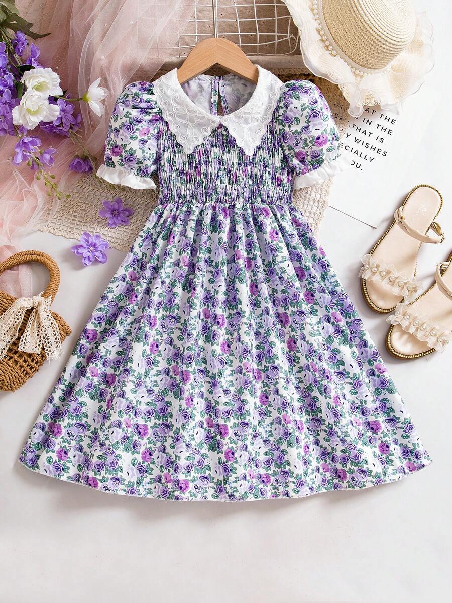 Young Girl' Summer Ditsy Floral Puff Sleeve Embroidered Ruffle Collar Princess Dress, Suitable For Summer Vacation And Countryside Style - Multicolor - View 1