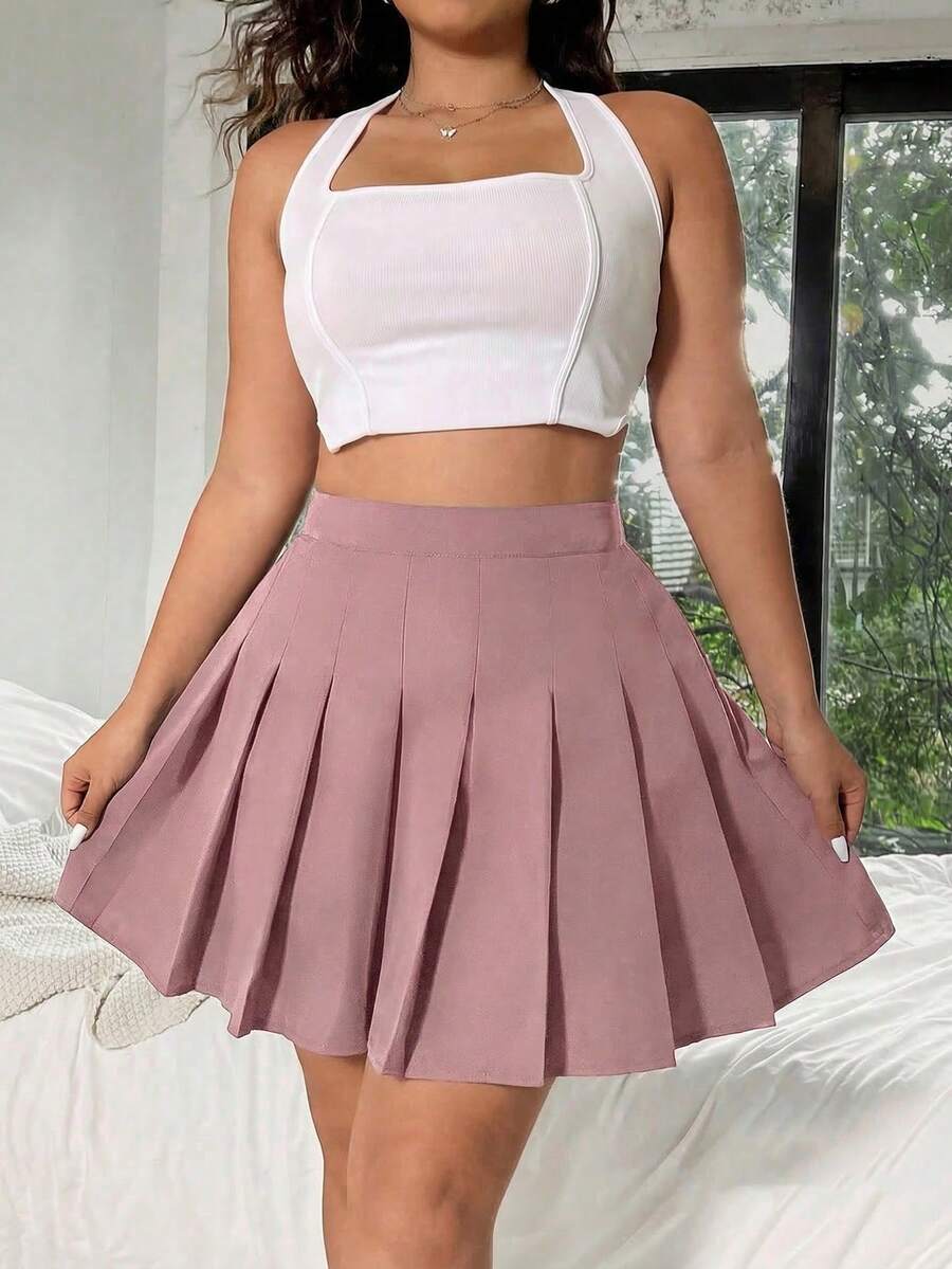 Sunnyshic Plus Size Summer Casual Solid Color Pleated Skirt - Dusty Pink - View 1