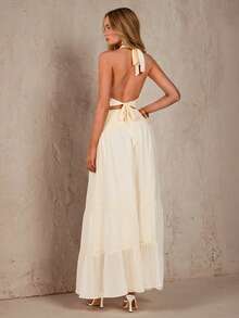 SHEIN Glamour French Vacation Style Relaxed Sensual Halter Backless Design: Neck Tie And Back Strap Adjustable , Revealing Sexy Backline; Waist Twist And Gather Pleated Maxi Skirt, Suitable For Light French Romantic Style, Beach, Casual Daily,Apricot,Holiday Outfits For Women,Casual Dresses For Women,Umbrella Skirt,Tank Tops,Two-Piece Outfits,,Going Out Vacation Dinner Outfits For Women Greece Vacation Outfits Women - Apricot - View 2