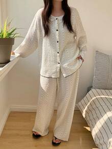 Dazy Plus Plus Size Women Long Sleeve Single-Breasted Top And Pants Pajama Set - White - View 2