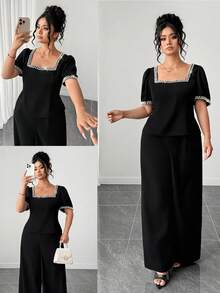 Elenzga 2pcs Plus Size Women's Elegant Sequin Satin Ribbon Square Neck Puff Sleeve Blouse,Slim Fit Long Palazzo Pants Set,Summer Black And White Wedding Guest - Black - View 1