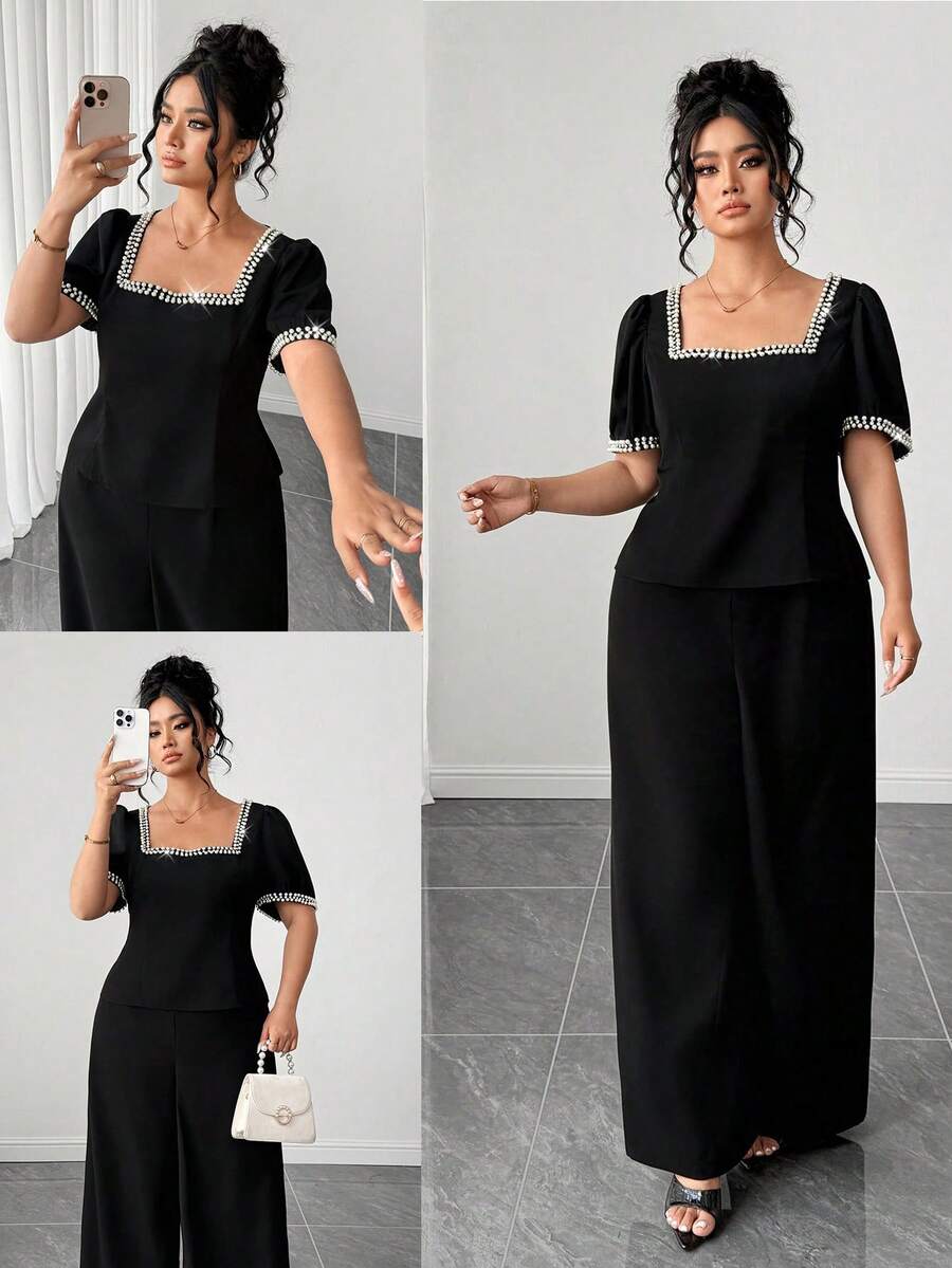 Elenzga 2pcs Plus Size Women's Elegant Sequin Satin Ribbon Square Neck Puff Sleeve Blouse,Slim Fit Long Palazzo Pants Set,Summer Black And White Wedding Guest - Black - View 1