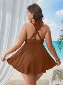 Swim Lushoire Plus Size Women Solid Color Spaghetti Strap Tankini Top With Triangle Swim Bottoms - Coffee Brown - View 2