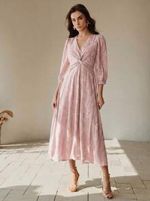 Anewsta 优雅绿色提花中长连衣裙，适合派对场合 - 藕粉色 - 查看 3