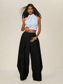 ATUI Studio Women's Fashionable Wide Leg Suit Pants With Double Waistband - Black - View 4