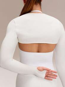 GLOWMODE Ultrafine Soft Seamless Don't Sweat It Stretchy Slim-Fit Logo Cuffs Long-Sleeve Shrug Yoga Pilates Studio Training Gym Daily Active Wear - White - View 4