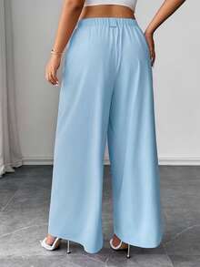 Elenzga Plus Size Solid Color Pleated Pocket Loose Casual Pants Fall - Baby Blue - View 2